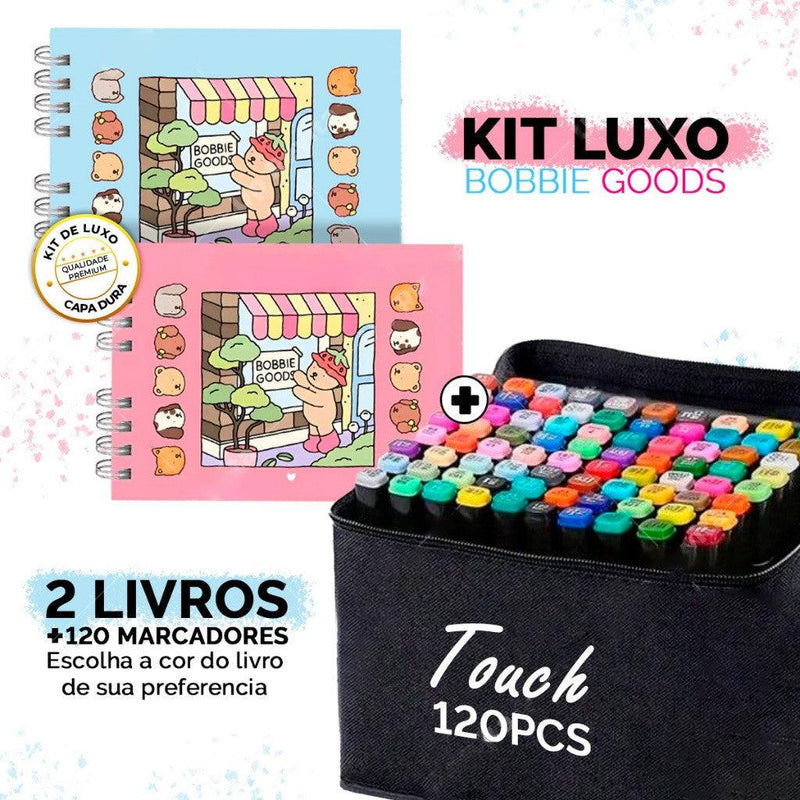 kit 2 livros capa dura + canetas de colorir